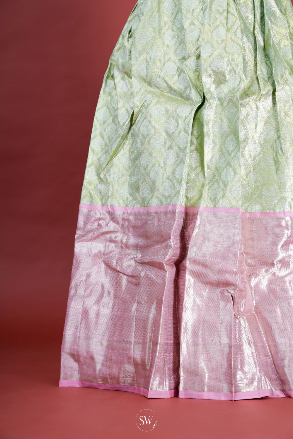 Green Pink Silk Lehenga Set With Zari Weaving