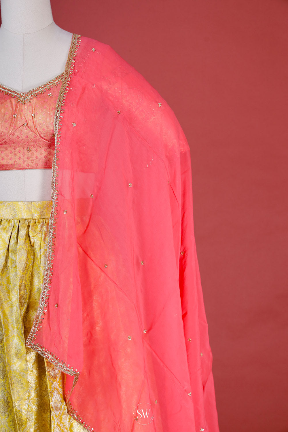 Gold Peach Silk Lehenga Set With Zari Weaving