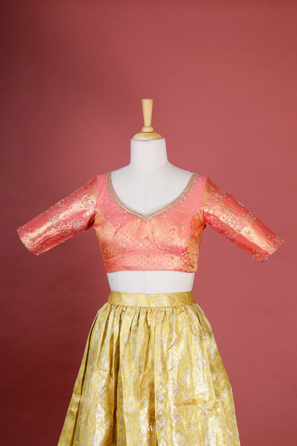 Gold Peach Silk Lehenga Set With Zari Weaving