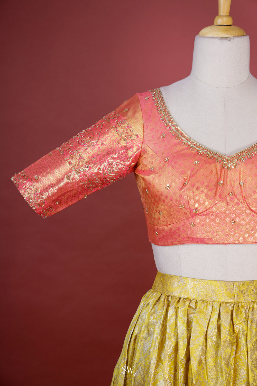 Gold Peach Silk Lehenga Set With Zari Weaving