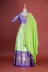 Lime Green-Blue Silk Lehenga Set With Zari Weaving