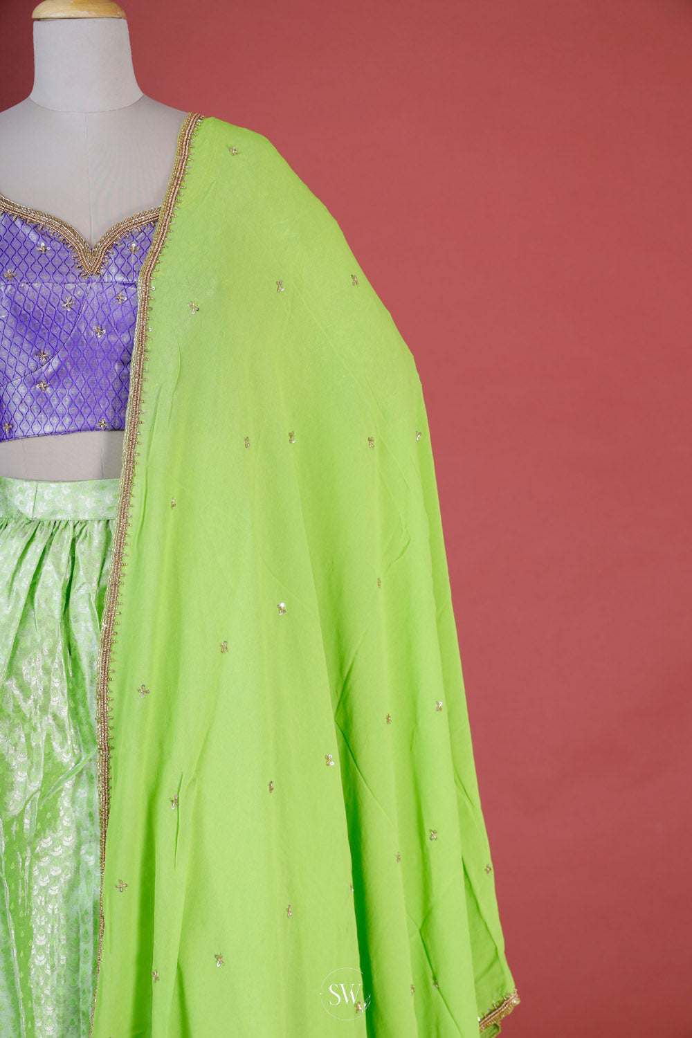 Lime Green-Blue Silk Lehenga Set With Zari Weaving