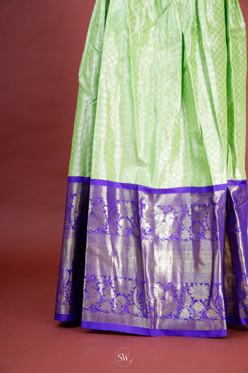 Lime Green-Blue Silk Lehenga Set With Zari Weaving