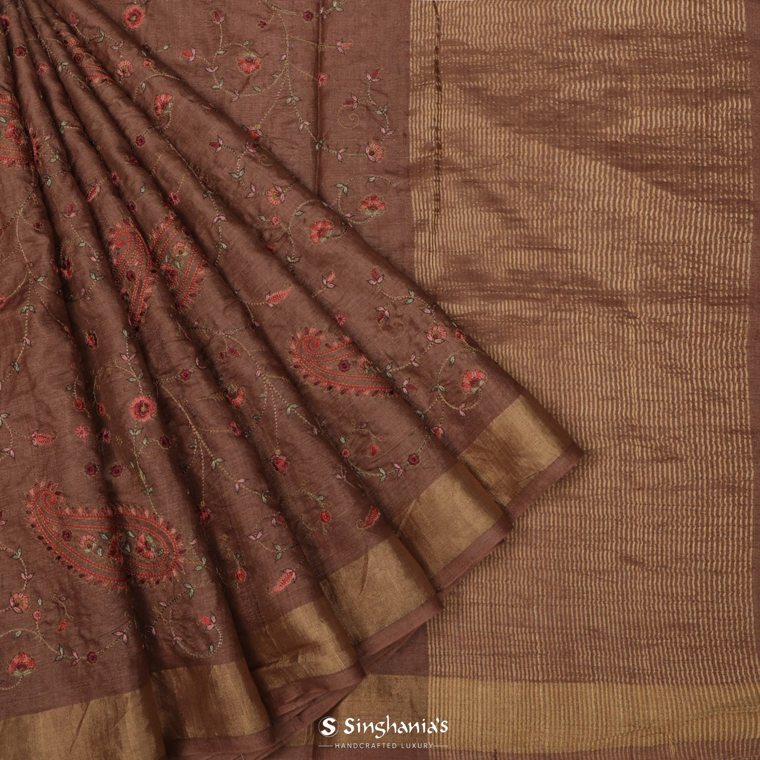 Dark Chestnut Brown Tussar Silk Saree With Floral Embroidery Work