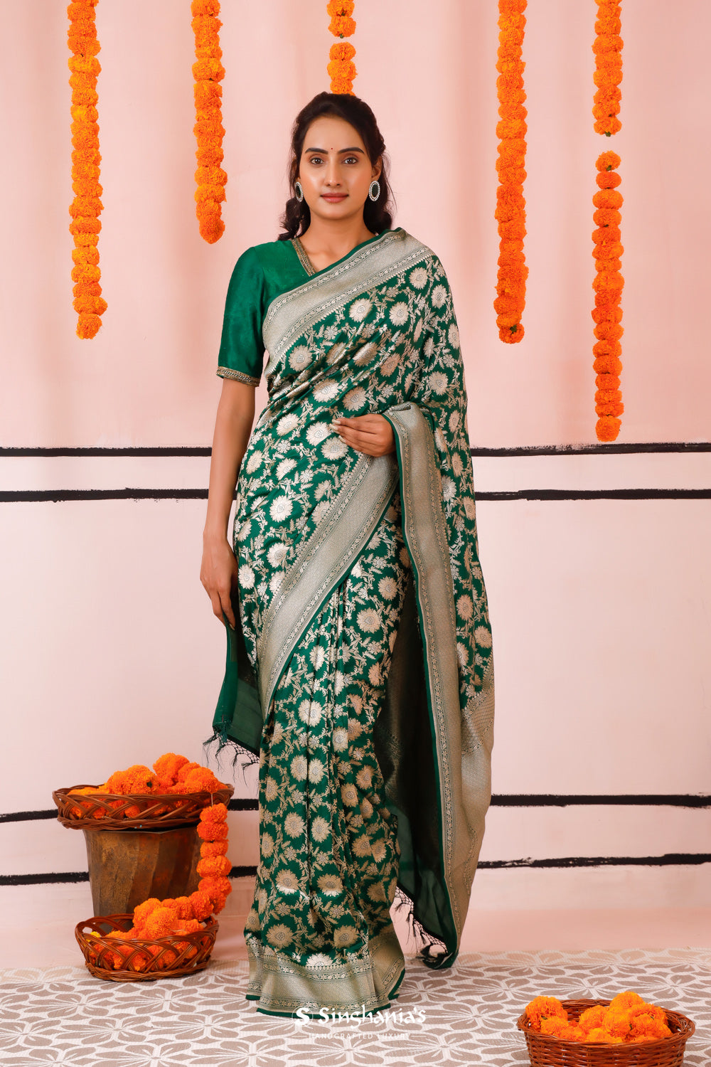 Cadmium Green Banarasi Silk Saree With Zari Jaal