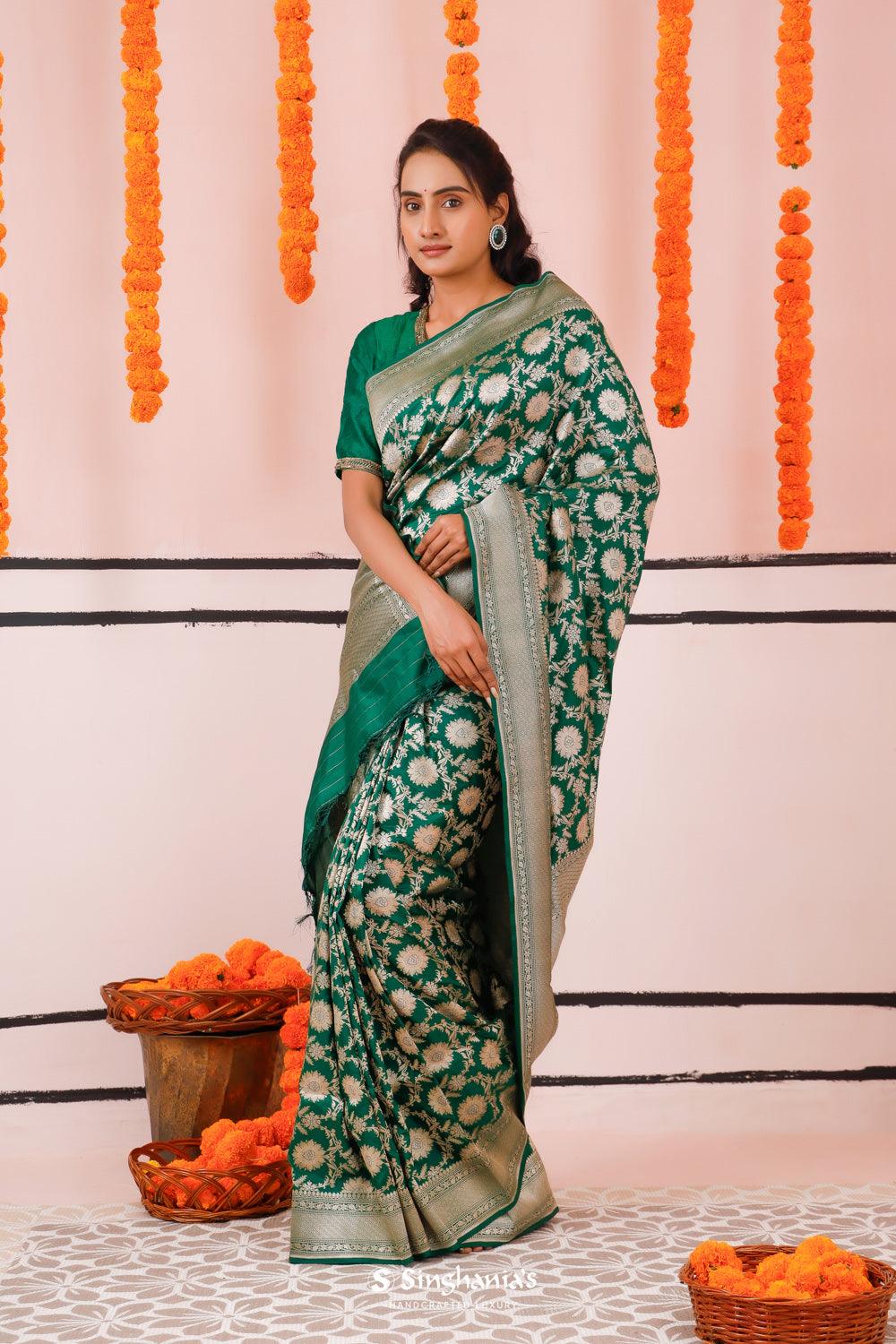 Cadmium Green Banarasi Silk Saree With Zari Jaal