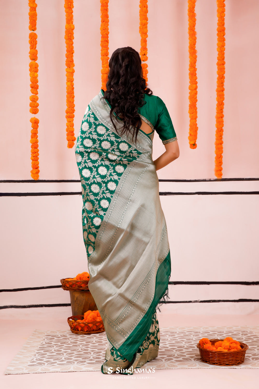 Cadmium Green Banarasi Silk Saree With Zari Jaal