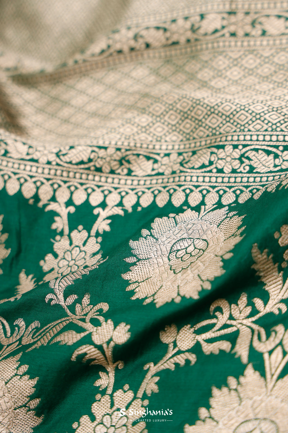 Cadmium Green Banarasi Silk Saree With Zari Jaal