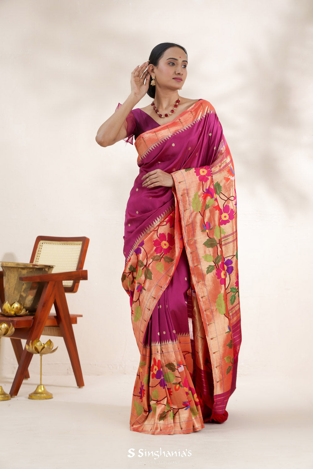 Maroon Pink Paithani Handloom Silk Saree