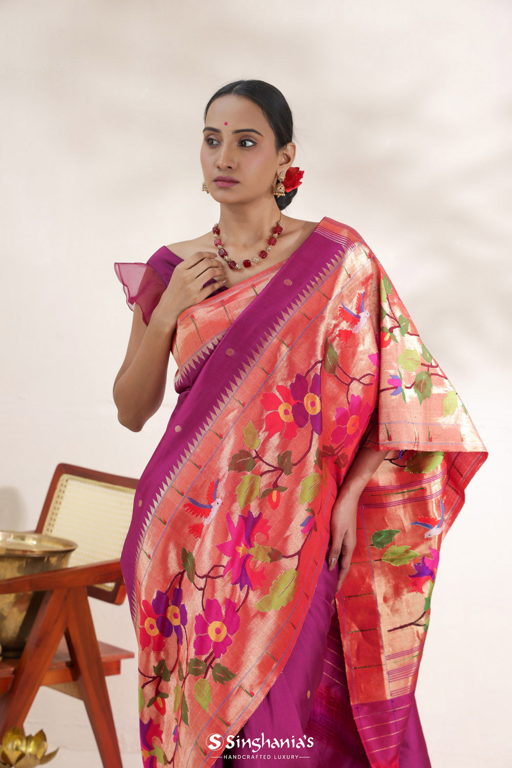 Maroon Pink Paithani Handloom Silk Saree