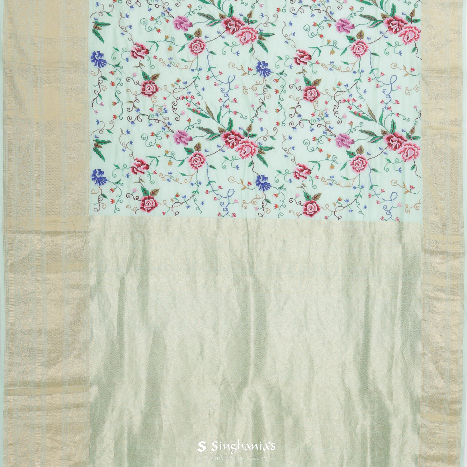 Celadon Kanjivaram Saree With Floral Jaal Pattern
