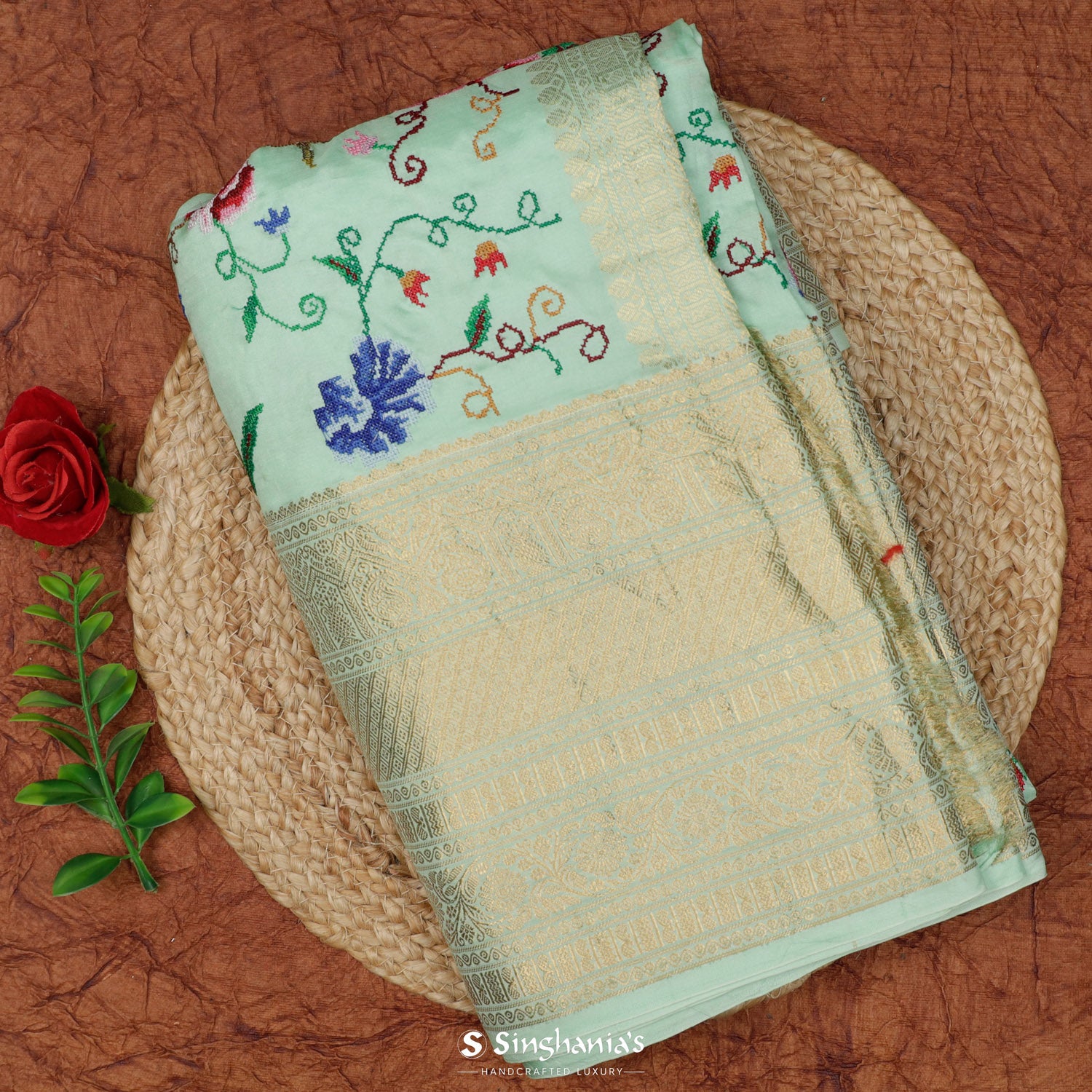 Celadon Kanjivaram Saree With Floral Jaal Pattern