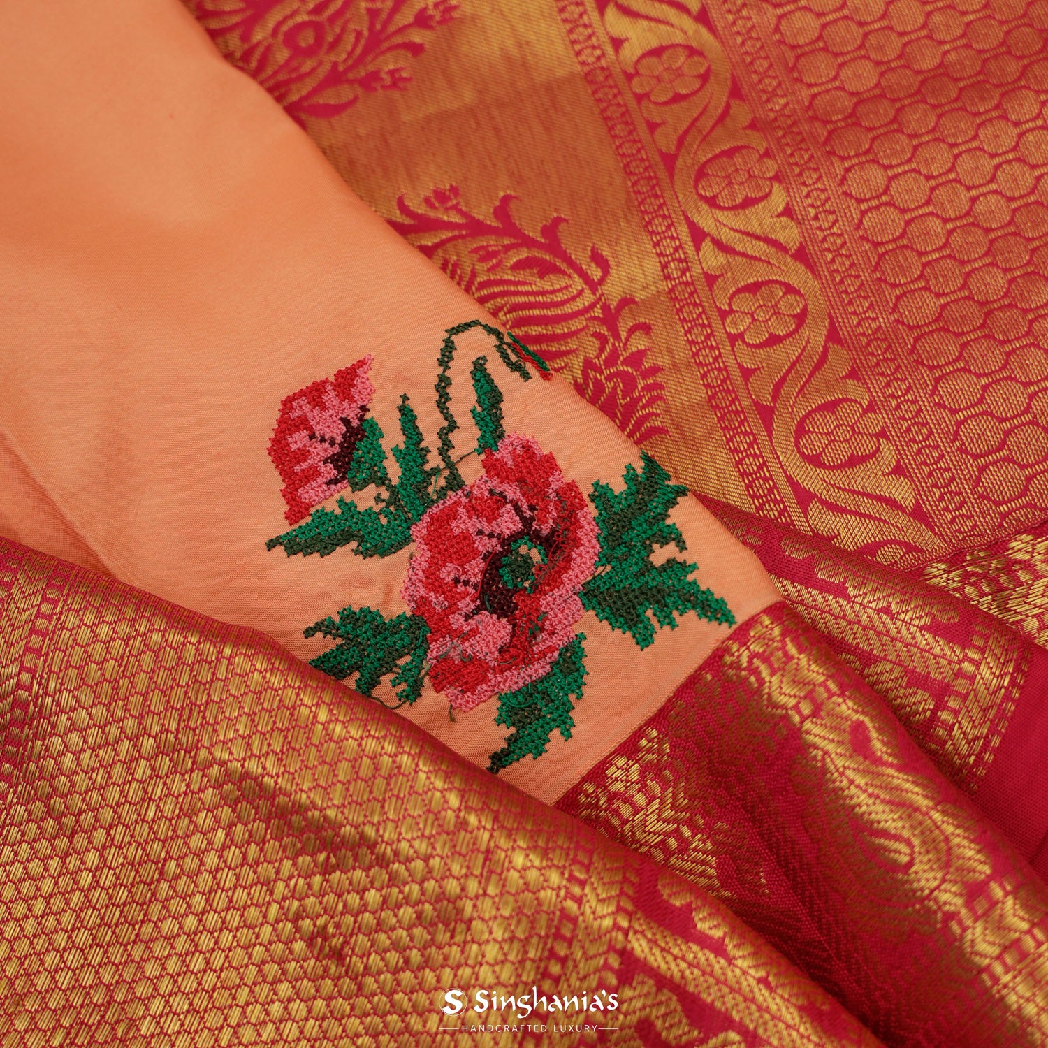 Apricot Orange Kanjivaram Saree With Floral Jaal Pattern