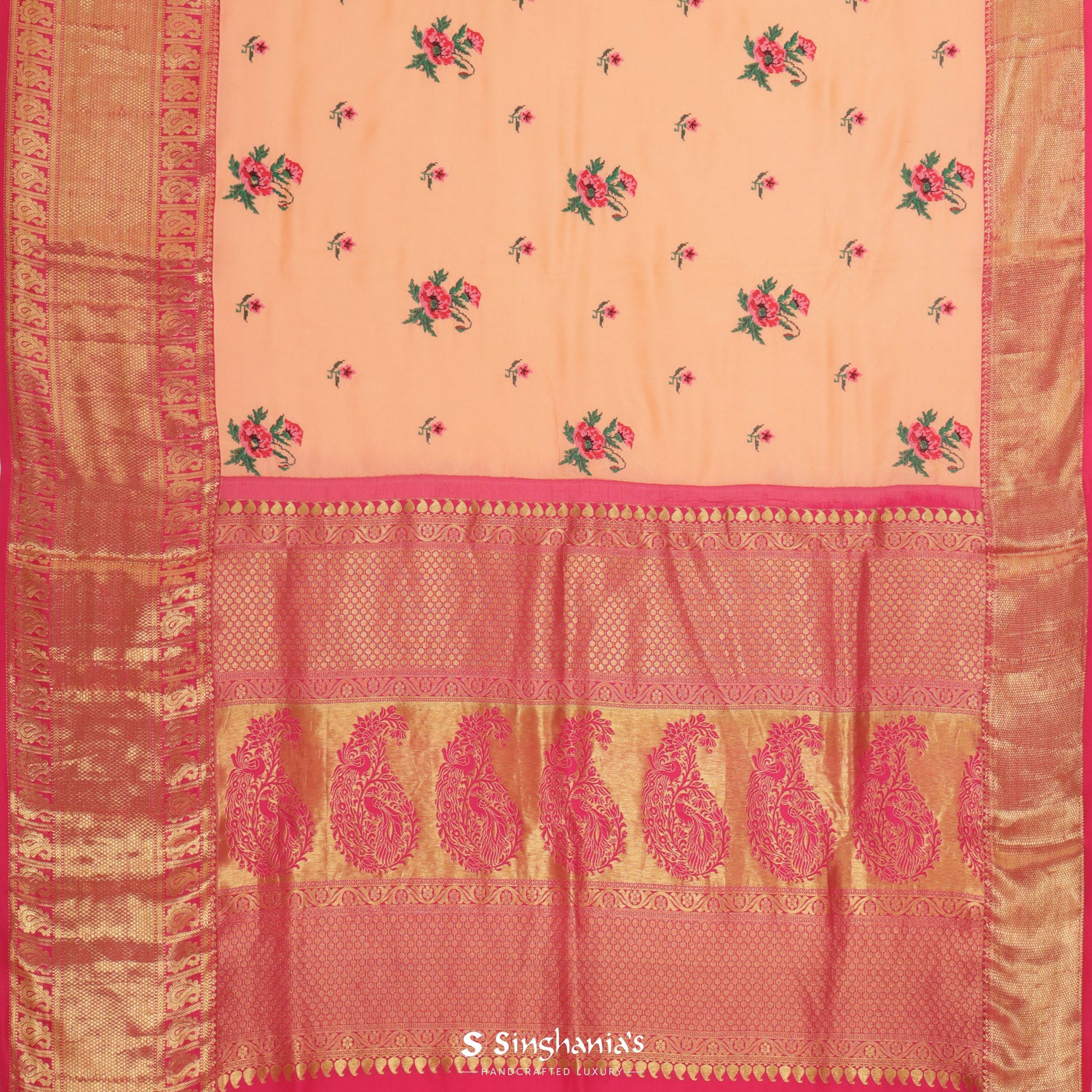 Apricot Orange Kanjivaram Saree With Floral Jaal Pattern