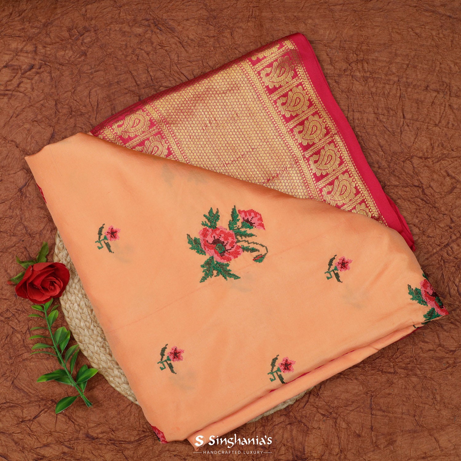 Apricot Orange Kanjivaram Saree With Floral Jaal Pattern