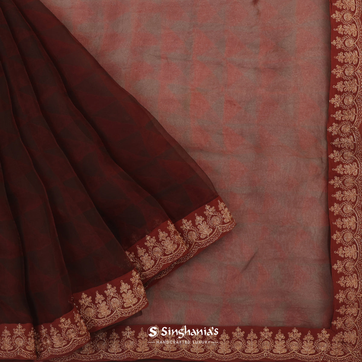 Brown Coffee Organza Saree With Printed Abstract Pattern