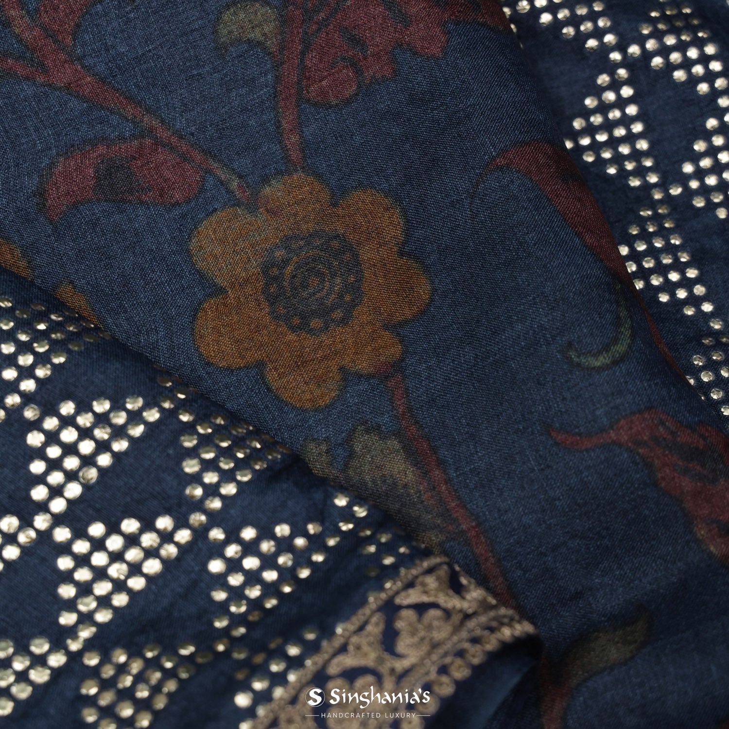 Navy Blue Tussar Saree With Printed Floral Strips