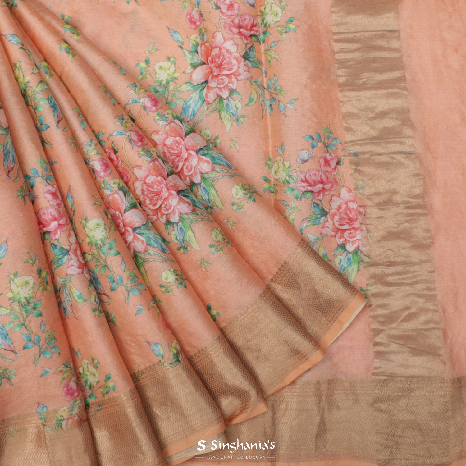 Apricot Orange Printed Tussar Silk Saree With Floral Pattern