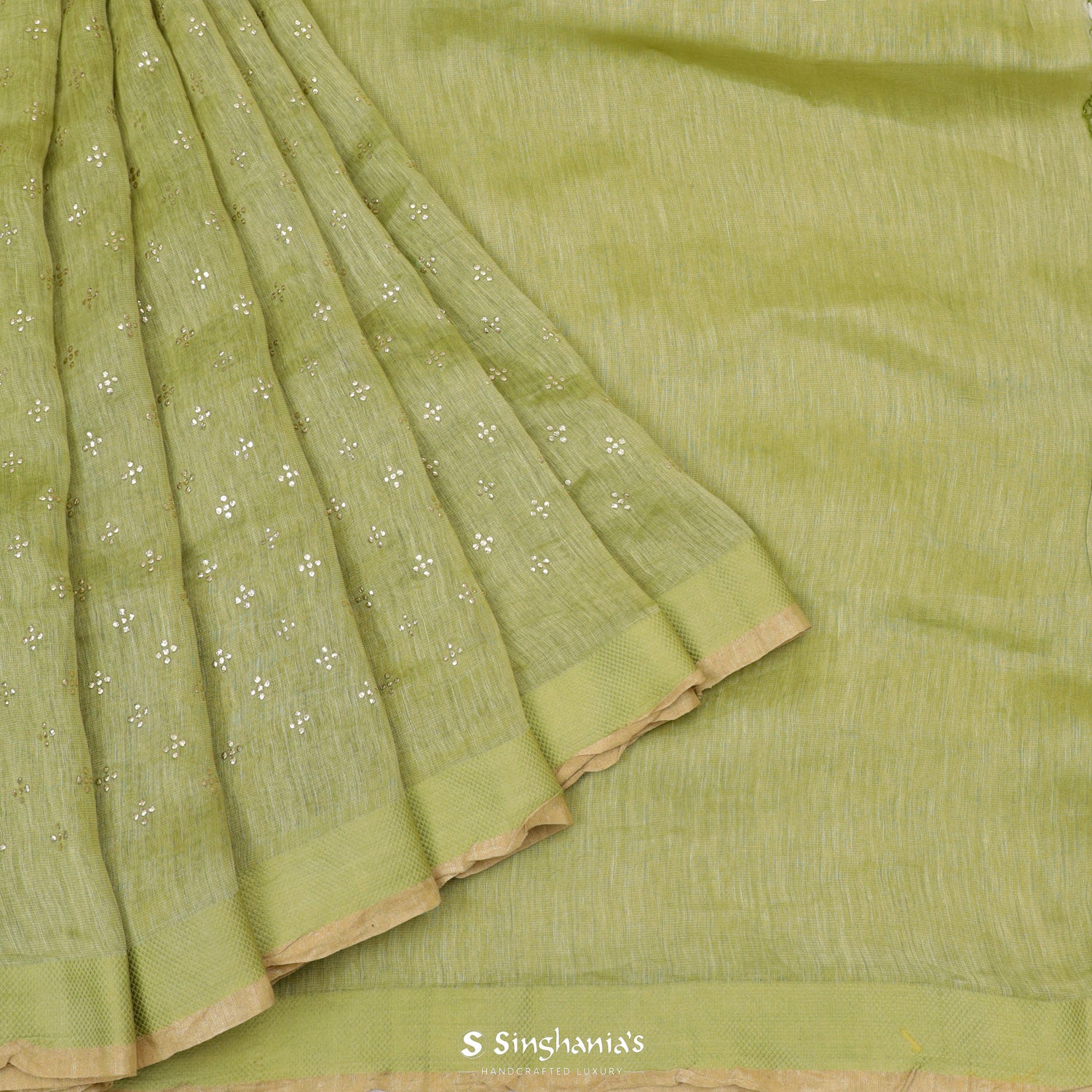 Medium Spring Green Linen Saree With Foil Print