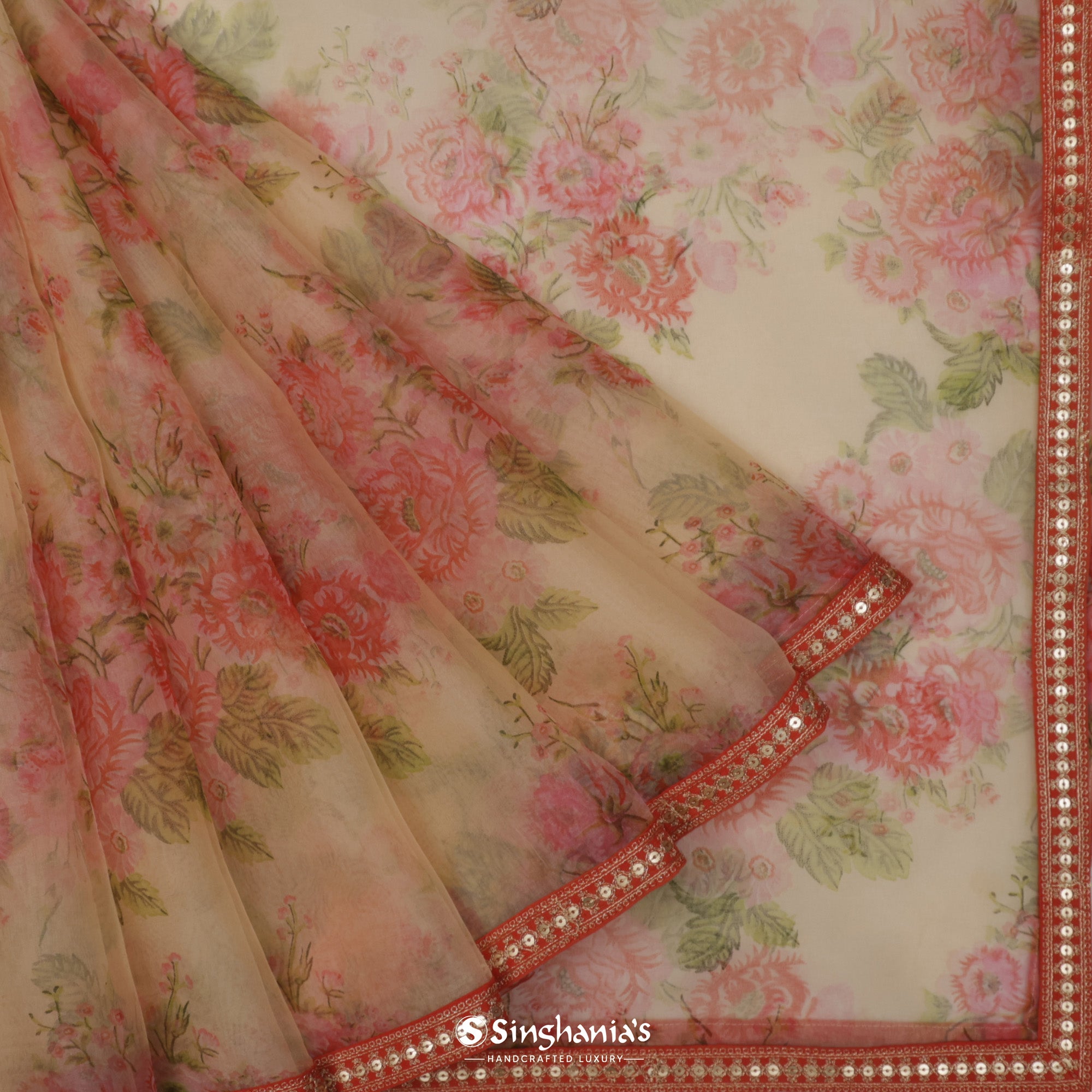 Pale Orange Printed Organza Saree With Embroidery