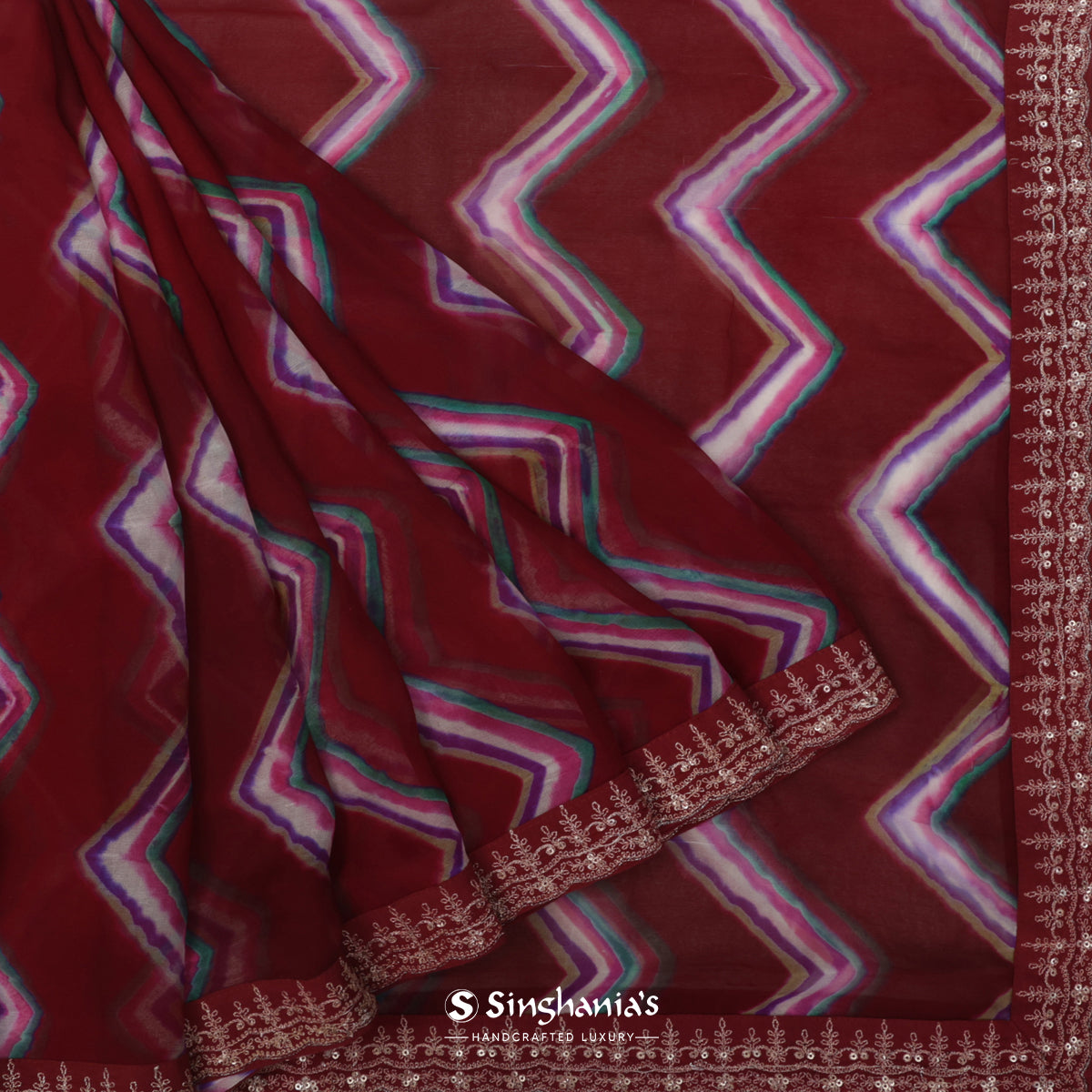 Maroon Georgette Saree With Printed Abstract Pattern