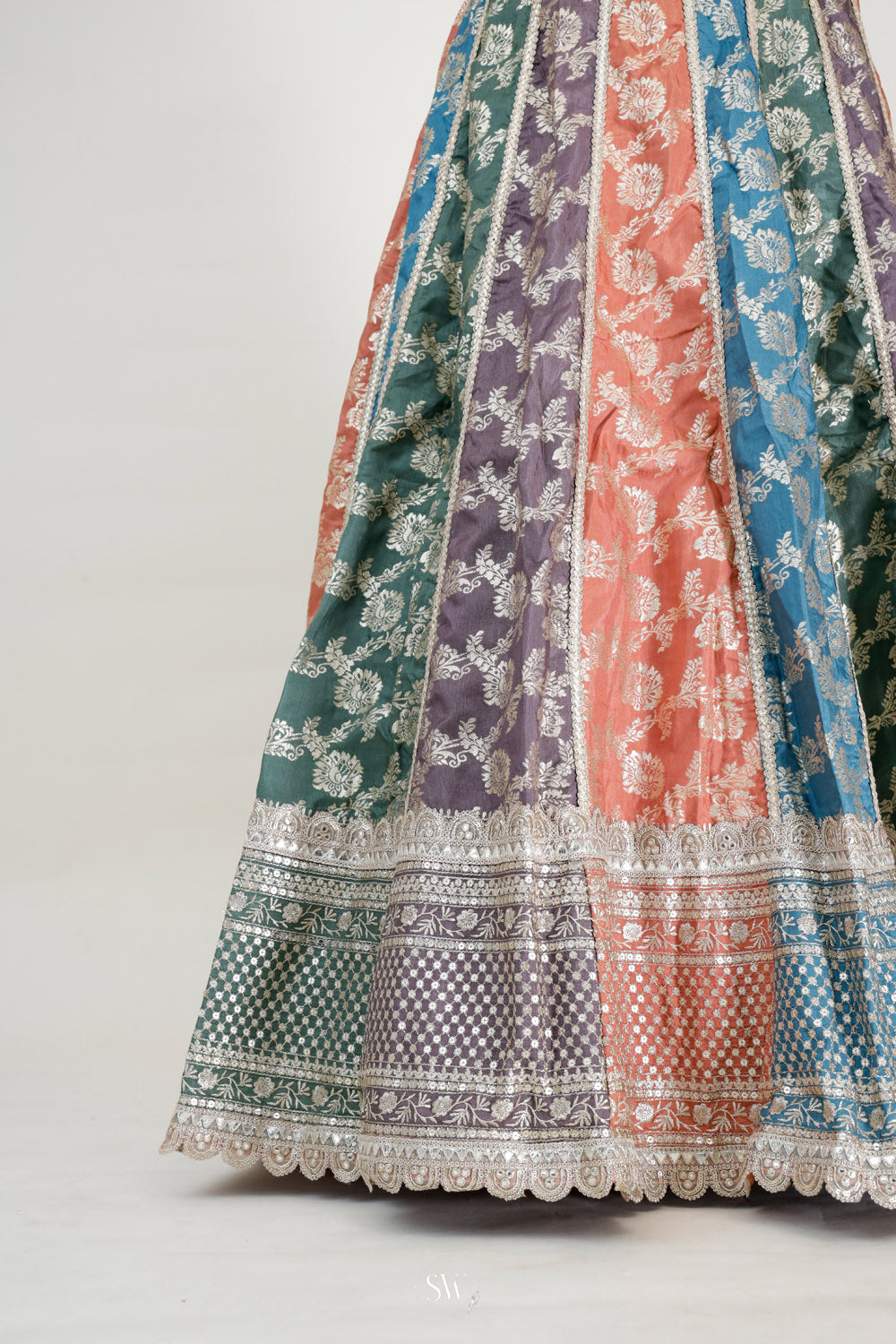 Green Multi Colour Banarasi Silk Lehenga Set With Embroidery