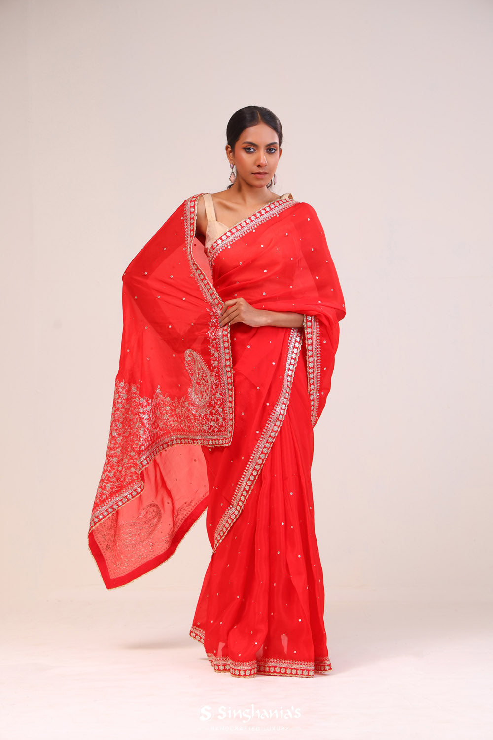 Scarlet Red Organza Handcrafted Saree