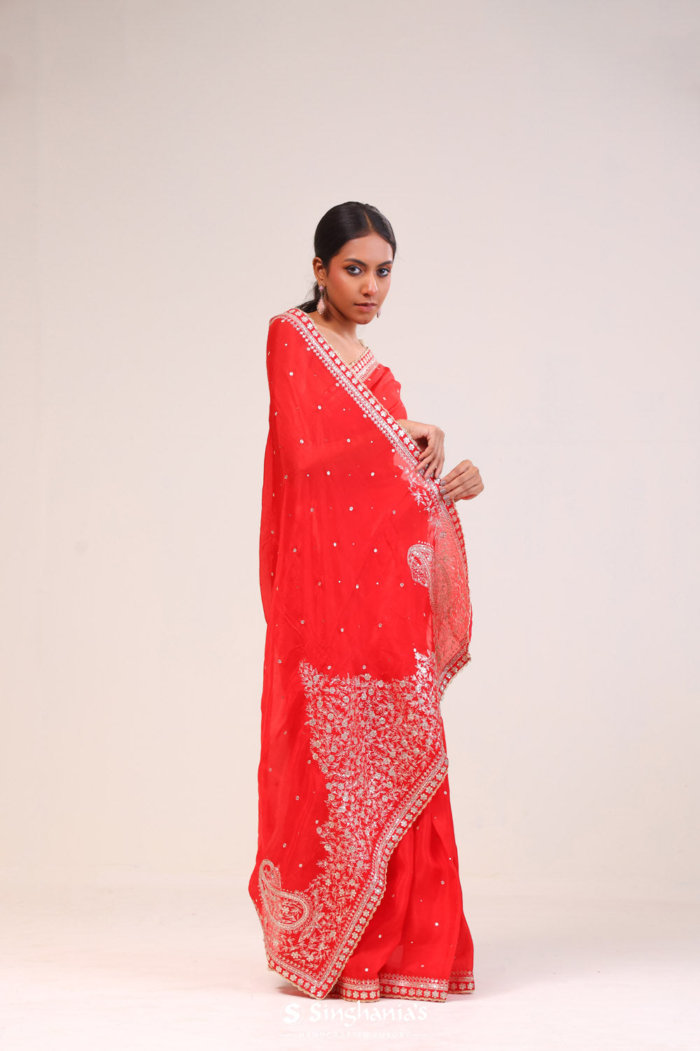 Scarlet Red Organza Handcrafted Saree