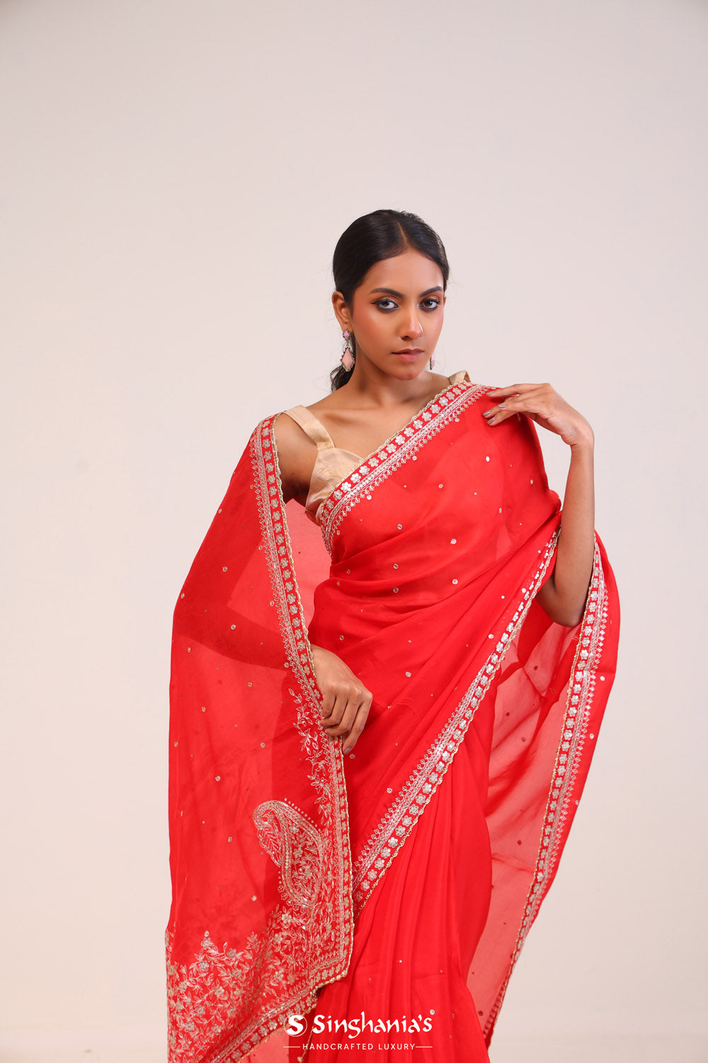 Scarlet Red Organza Handcrafted Saree