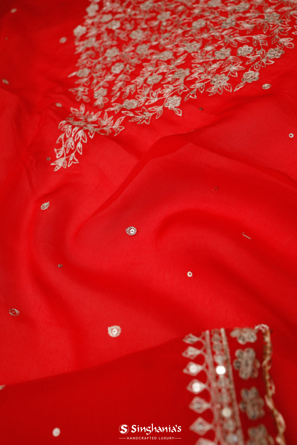 Scarlet Red Organza Handcrafted Saree