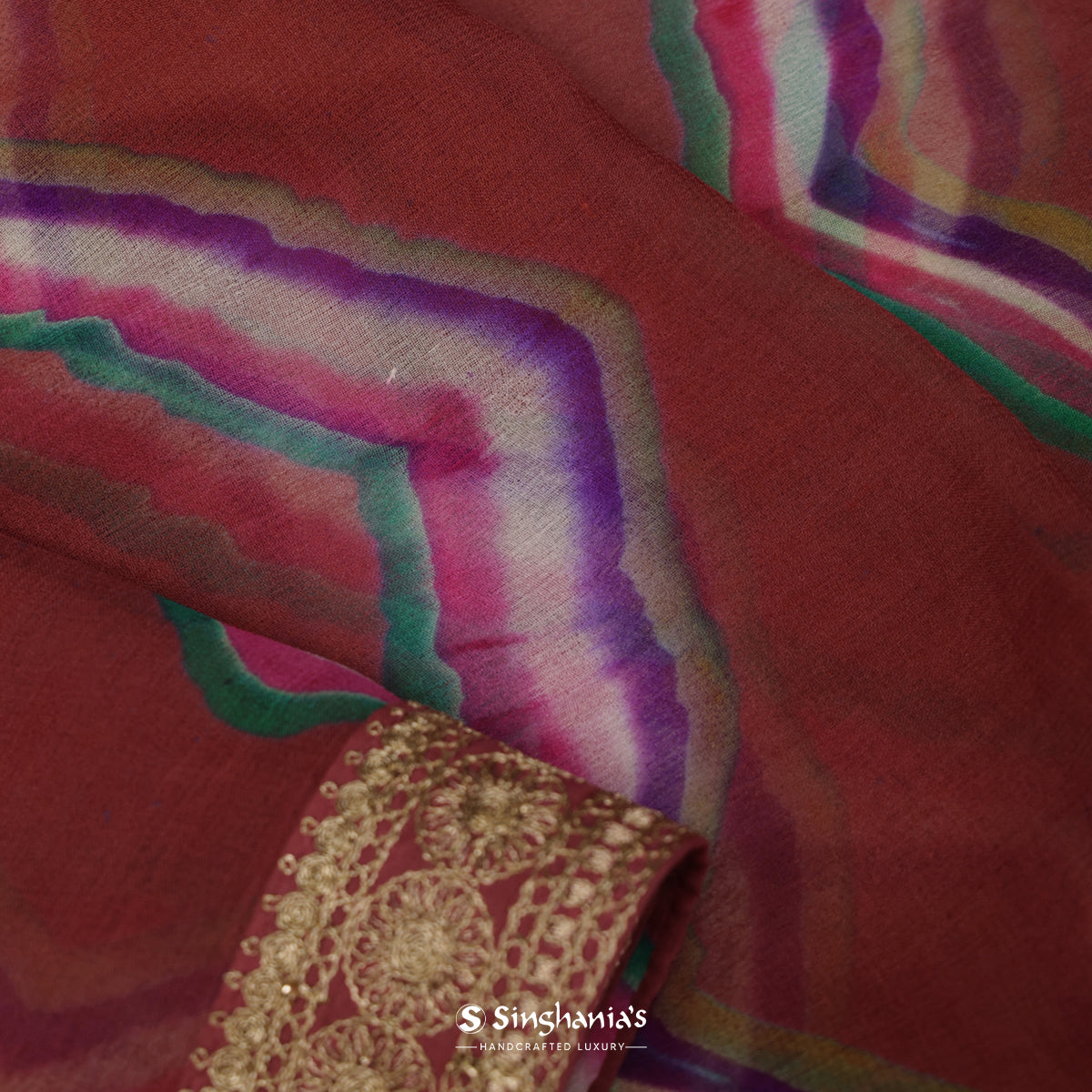 Burnt Umber Brown Georgette Saree With Printed Chevron Pattern