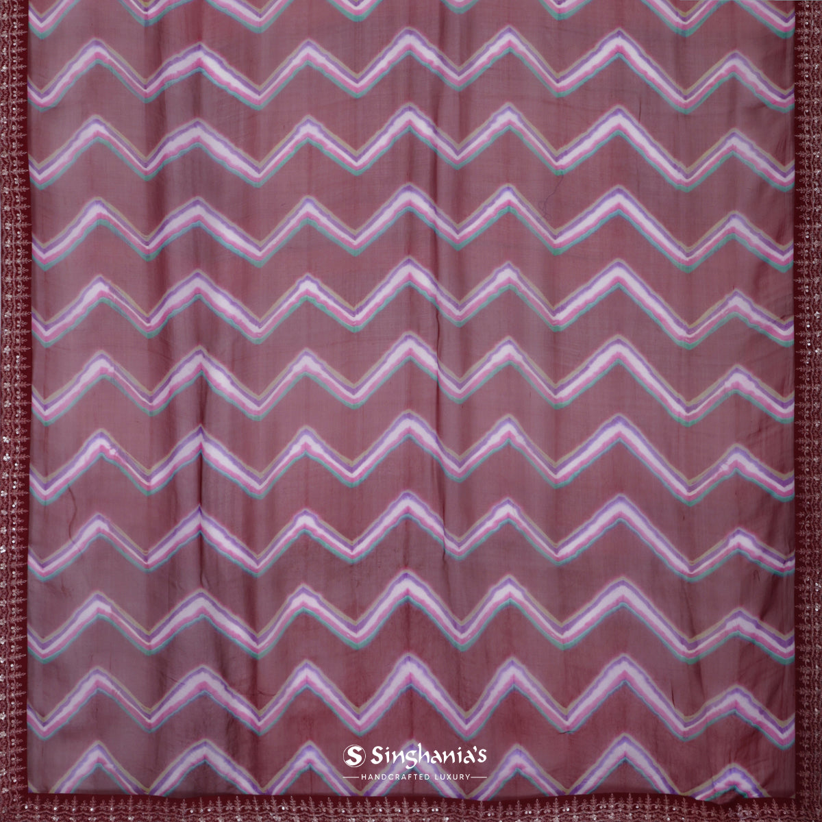 Burnt Umber Brown Georgette Saree With Printed Chevron Pattern