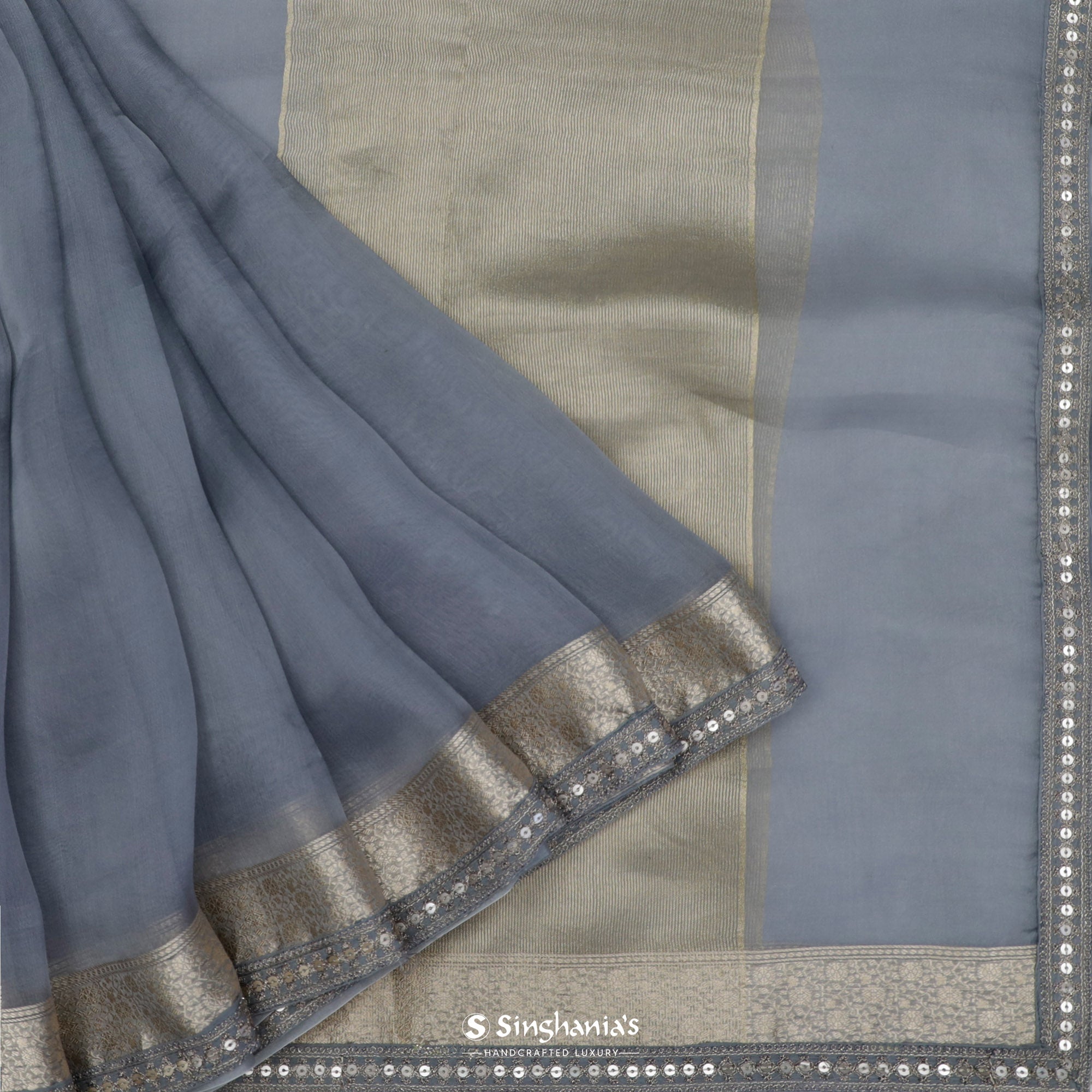 Cadet Grey Printed Organza Saree With Floral Pattern