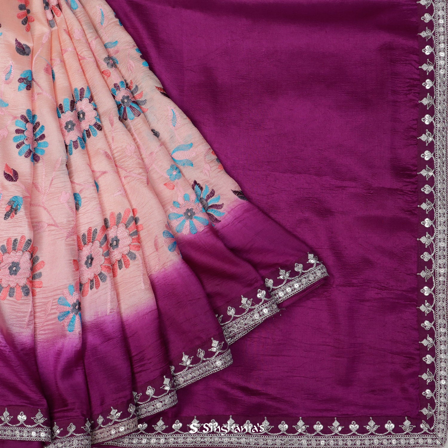 Oyster Pink Silk Saree With Floral Thread Embroidery