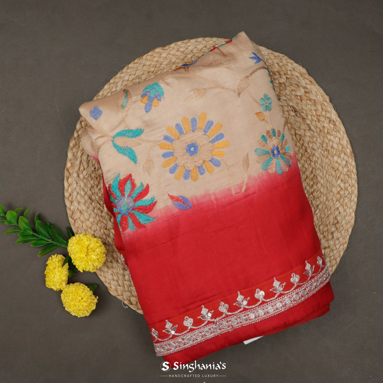 Peach Silk Saree With Thread Embroidery
