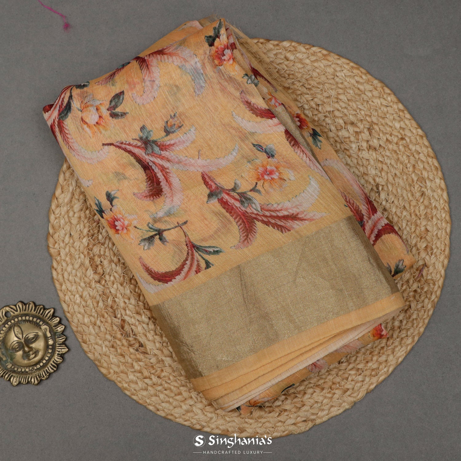 Deep Napoli Yellow Printed Matka Saree With Floral Pattern