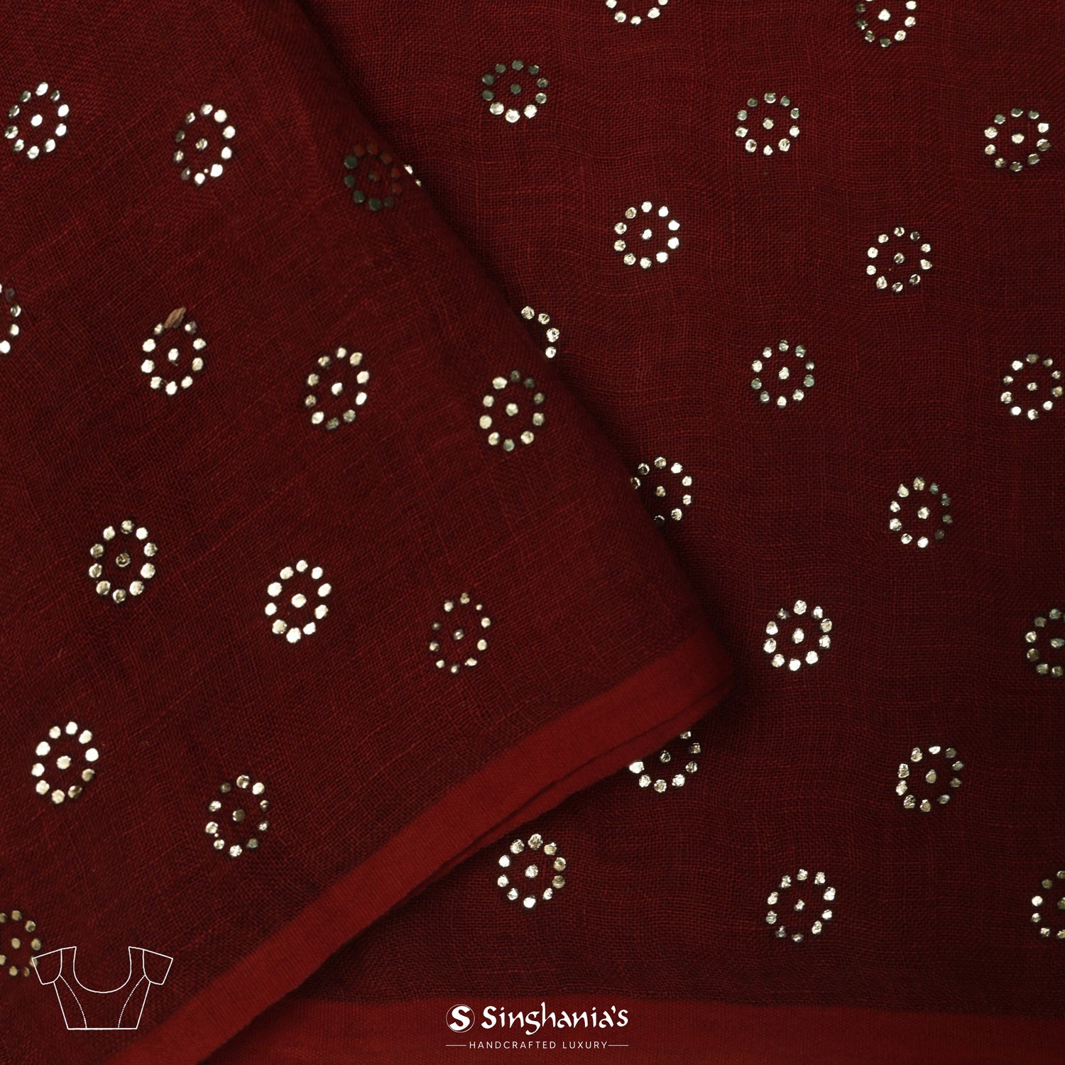 Sangria Red Printed Linen Saree With Floral Ajrakh Pattern And Foil Work