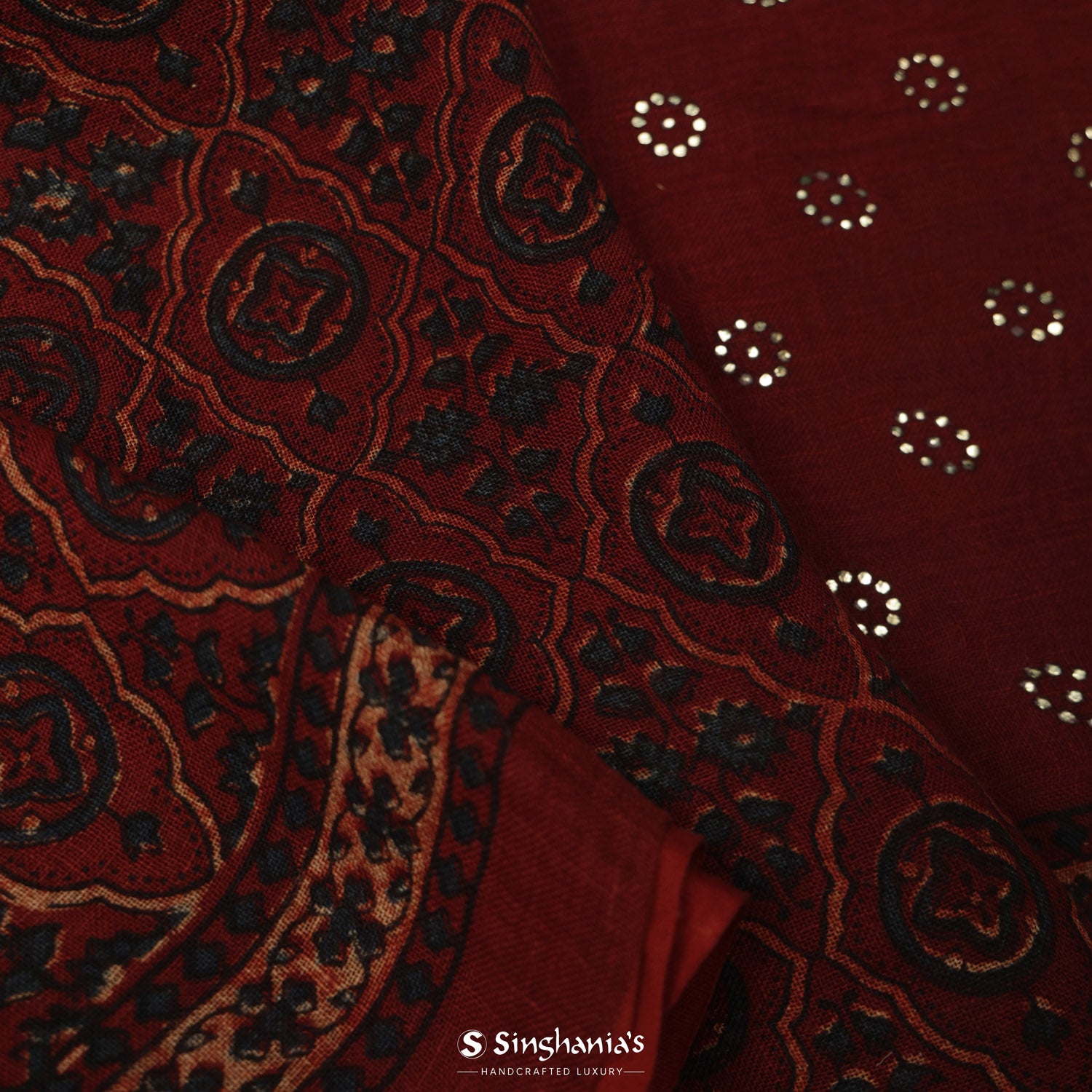 Sangria Red Printed Linen Saree With Floral Ajrakh Pattern And Foil Work