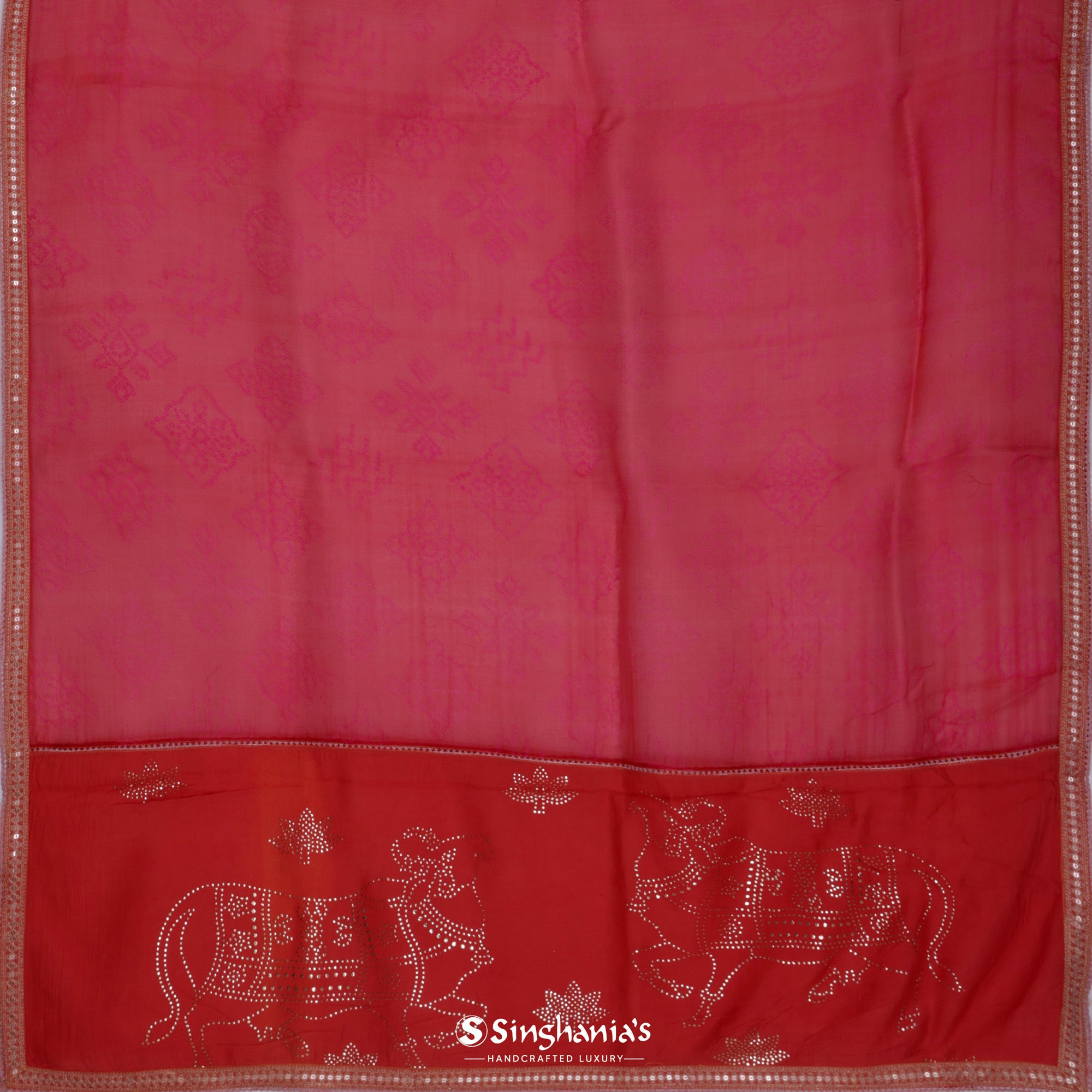 Ajax Red Organza Saree With Bandhani And Mukaish Work