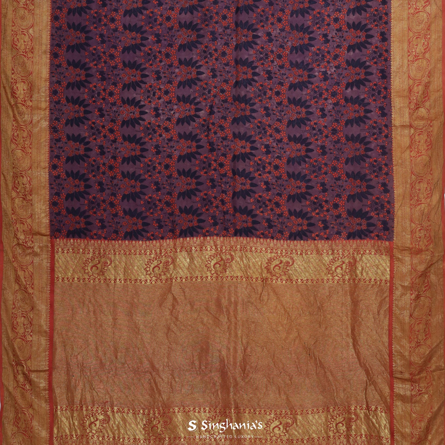 Dark Purple Kanjivaram Saree With Ajrakh Print