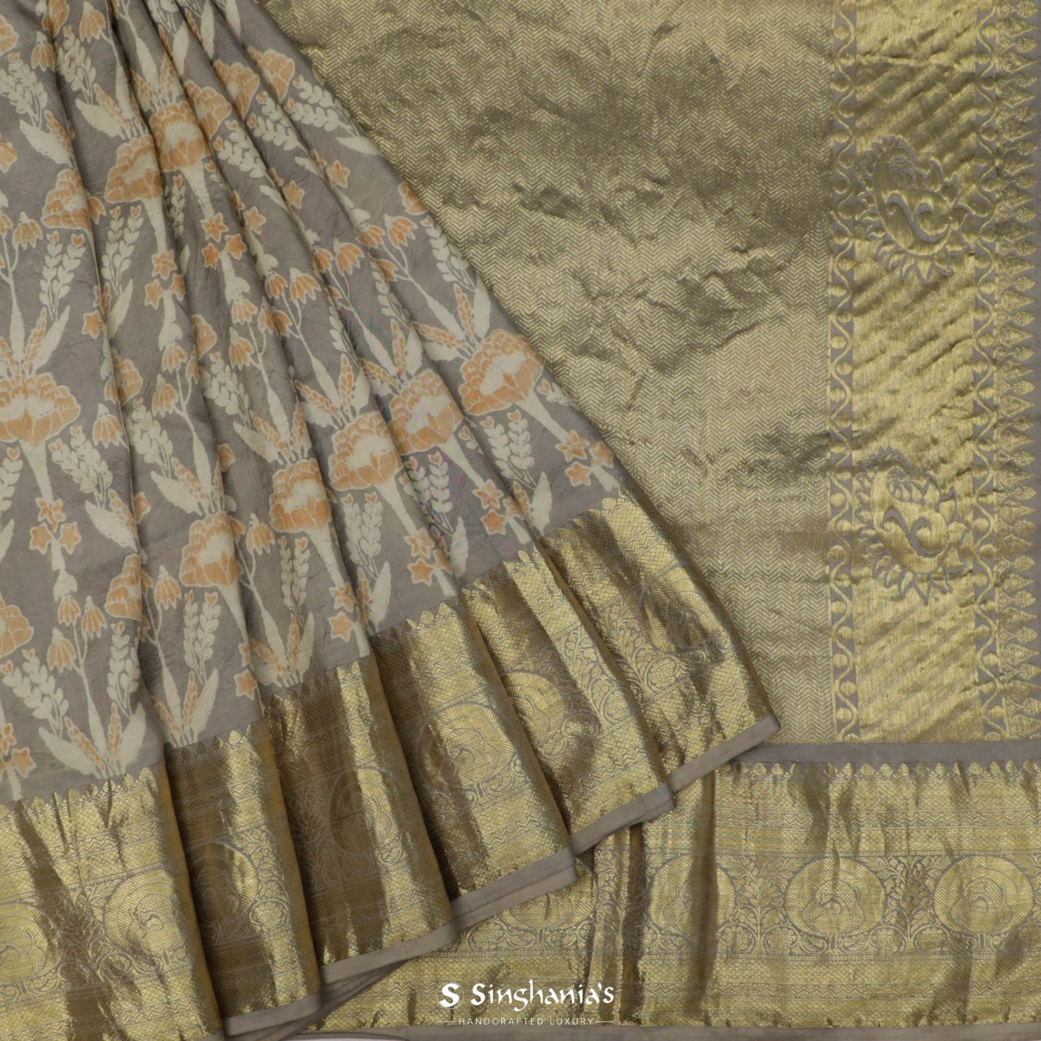 Misty Gray Printed Kanjivaram Saree With Ajrakh Pattern