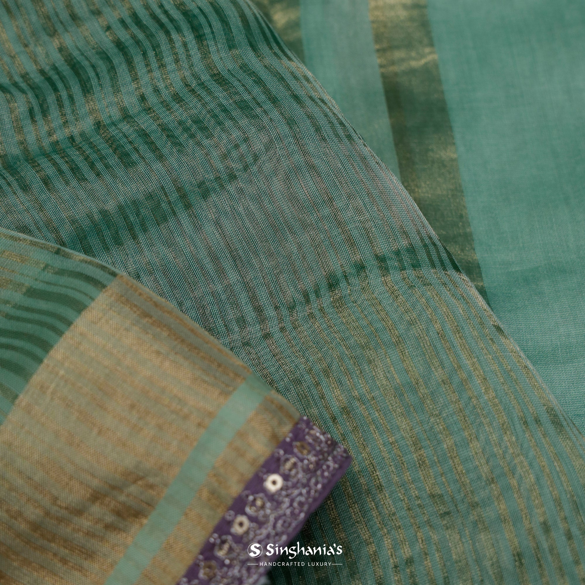 Viridian Green Designer Maheshwari Saree With Stripes Weaving