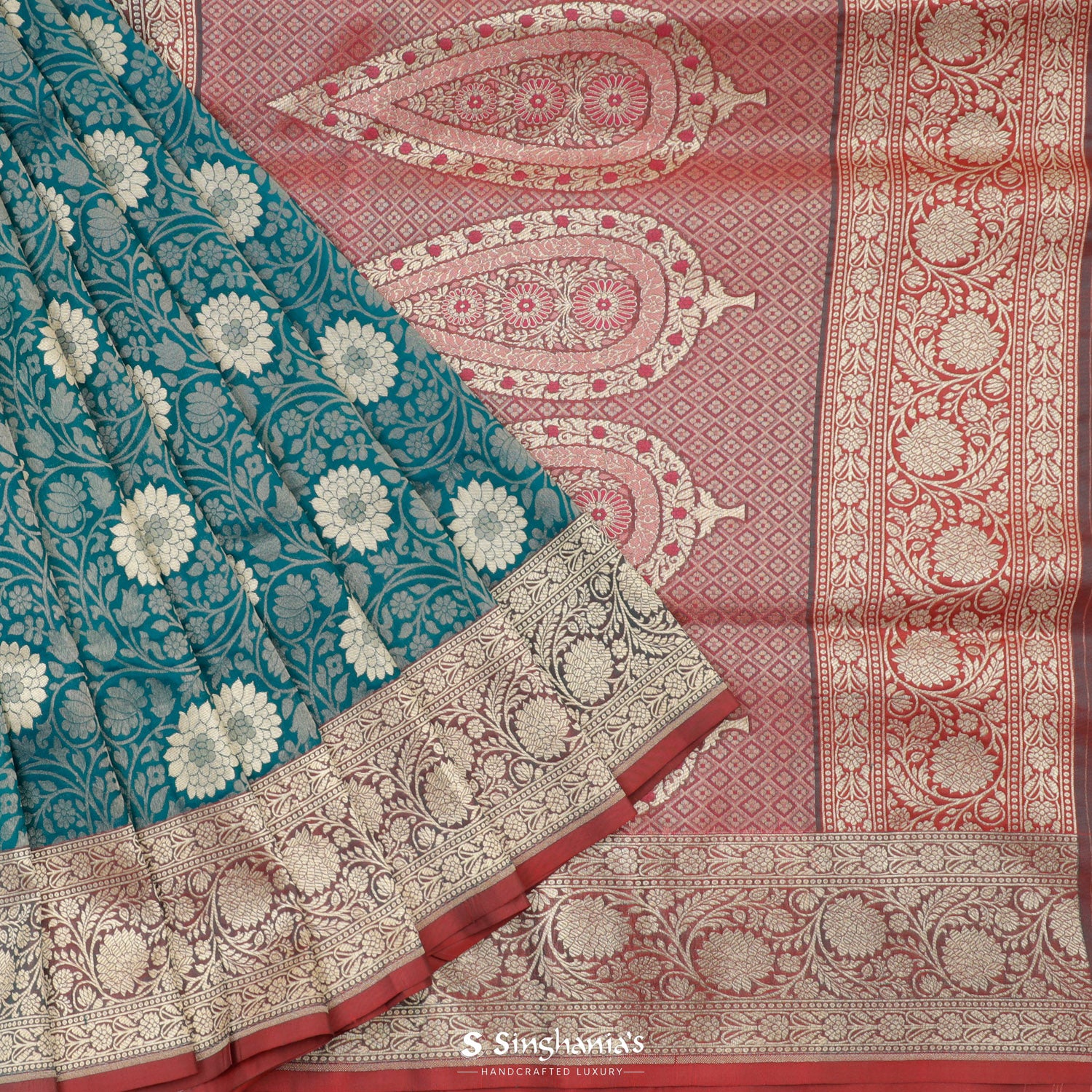 Duck Blue Banarasi Silk Saree With Floral Jaal Pattern