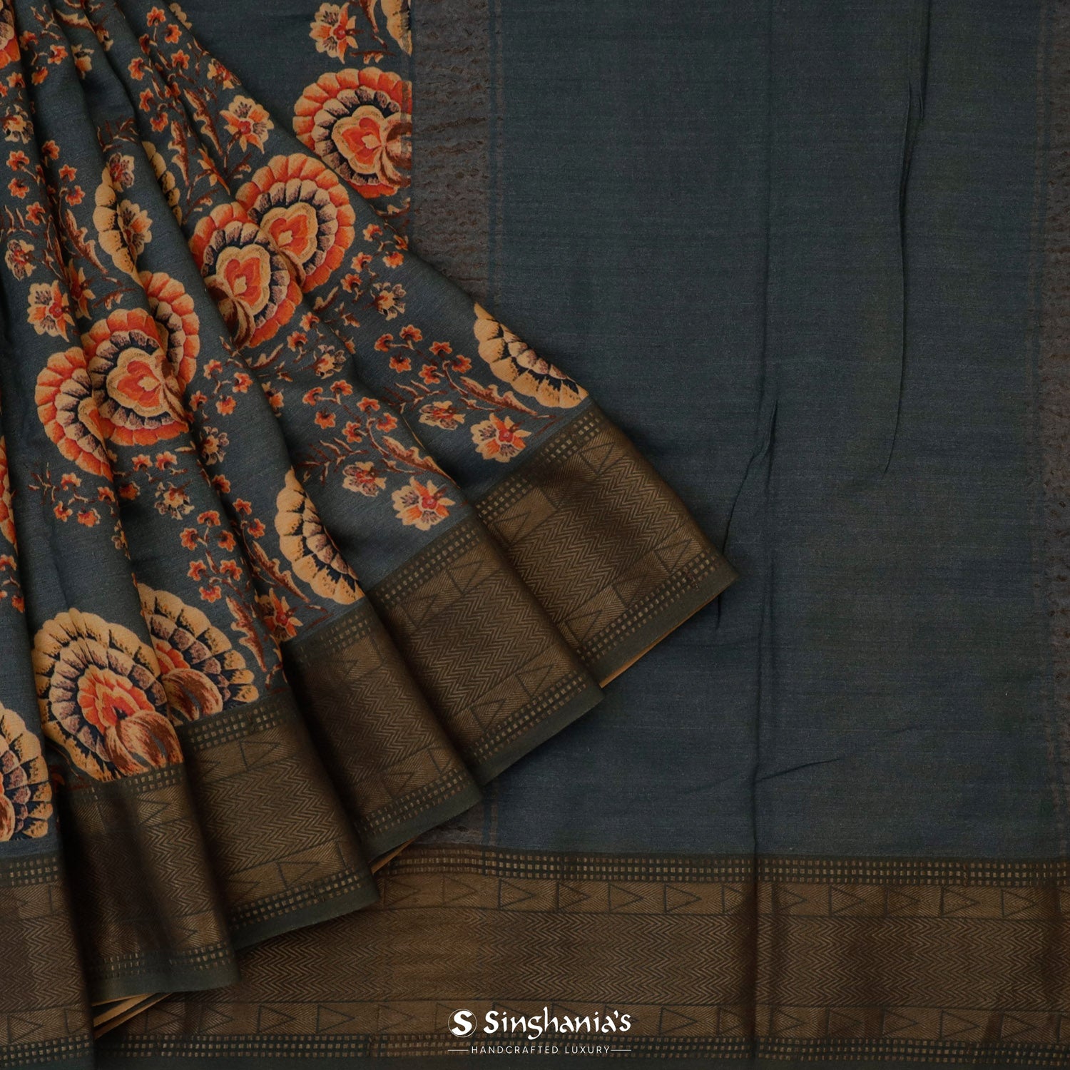 Black Coral Gray Printed Cotton Saree With Floral Pattern