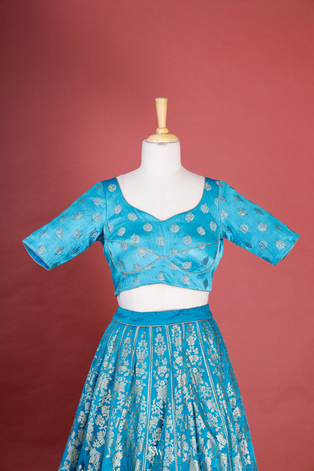 Lapis Blue Banarasi Silk Lehenga Set With Floral Design