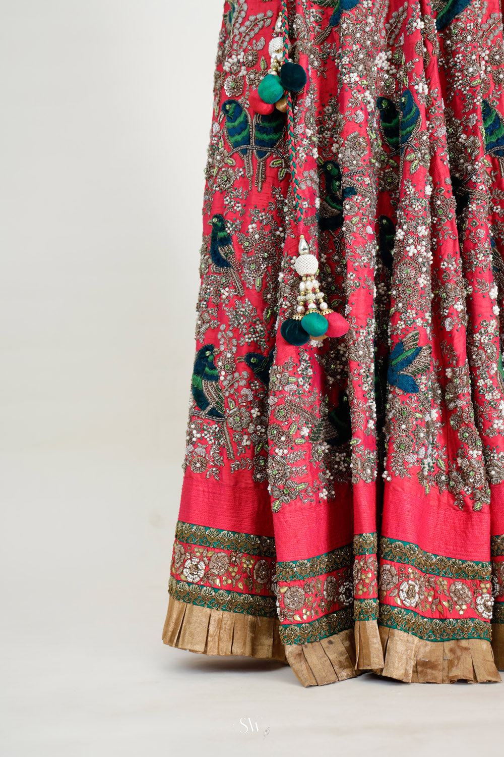 Red Green Raw Silk Lehenga Set With Floral-Bird Embroidery