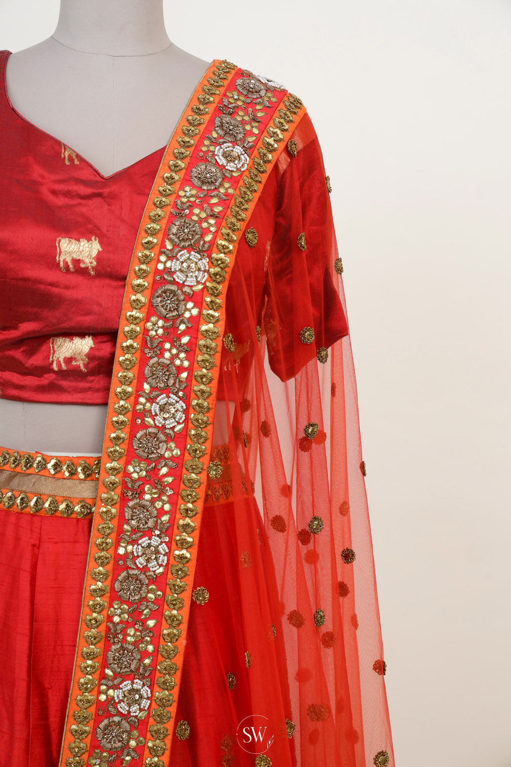 Imperial Red Raw Silk Lehenga Set With Floral Embroidery