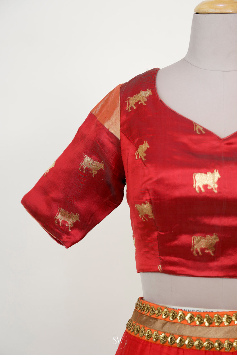 Imperial Red Raw Silk Lehenga Set With Floral Embroidery