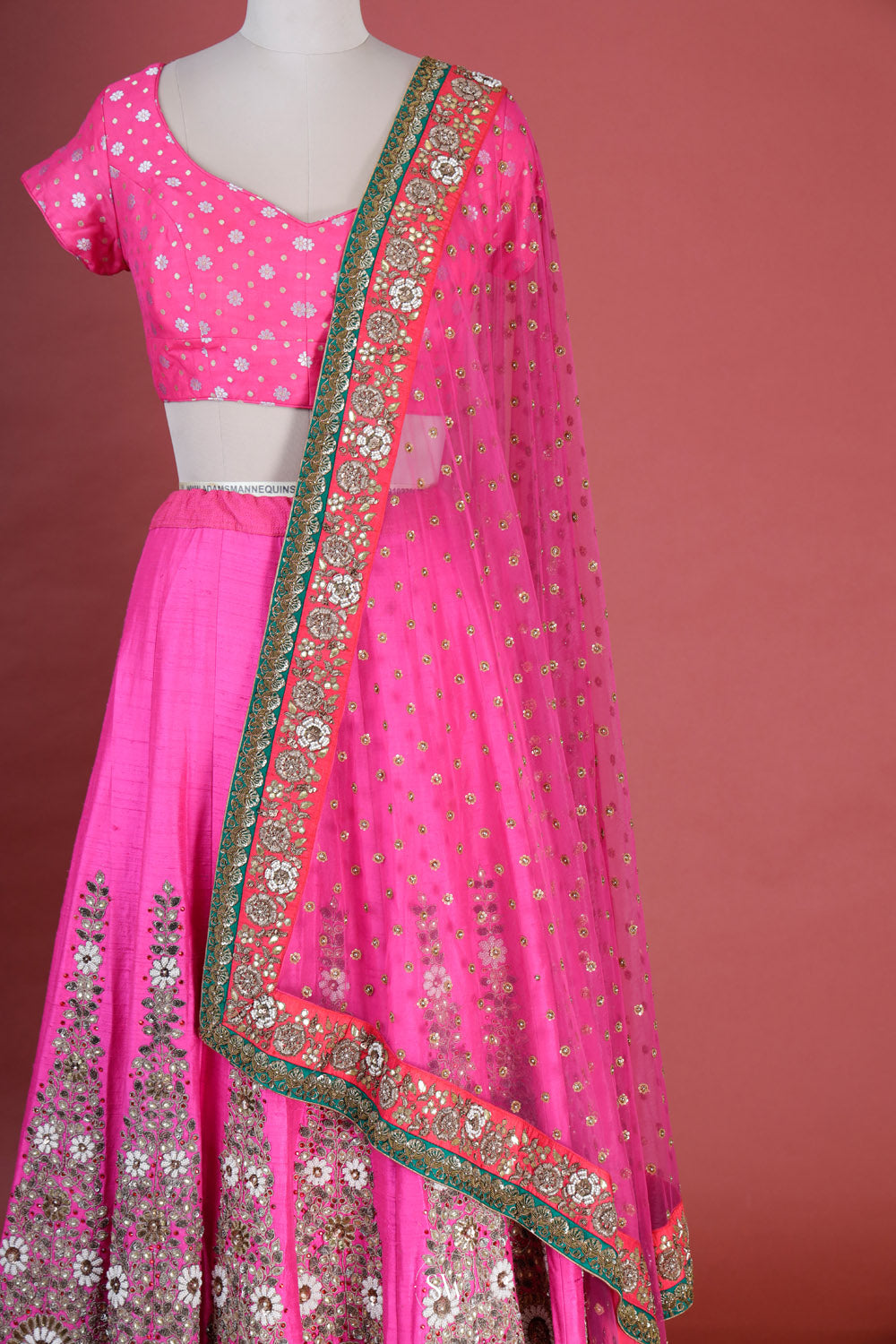 Neon Pink Raw Silk Lehenga Set With Floral Embroidery