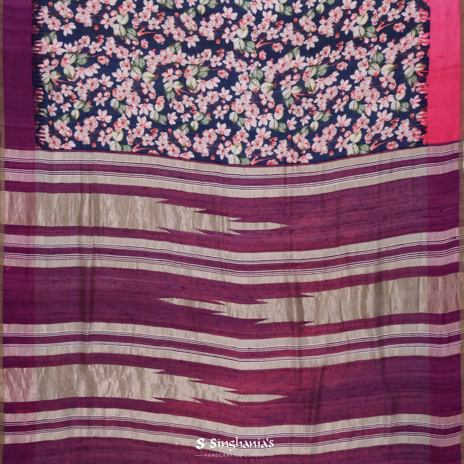 Dark Blue Dupion Saree With Banarasi Weaving